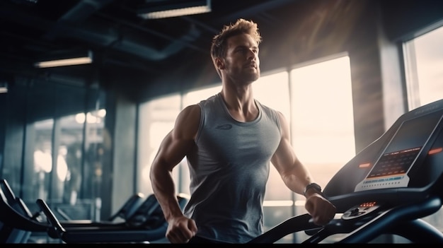 Man running in a gym on a treadmill Concept