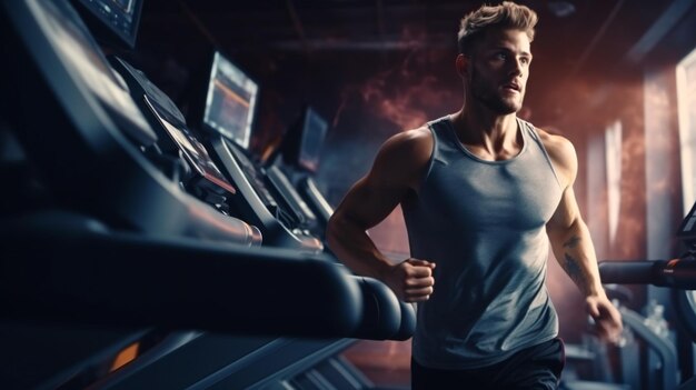 Man running in a gym on a treadmill Concept