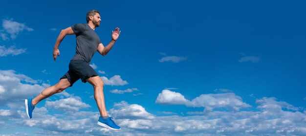 Man running and jumping banner with copy space endurance and stamina sprinter challenge