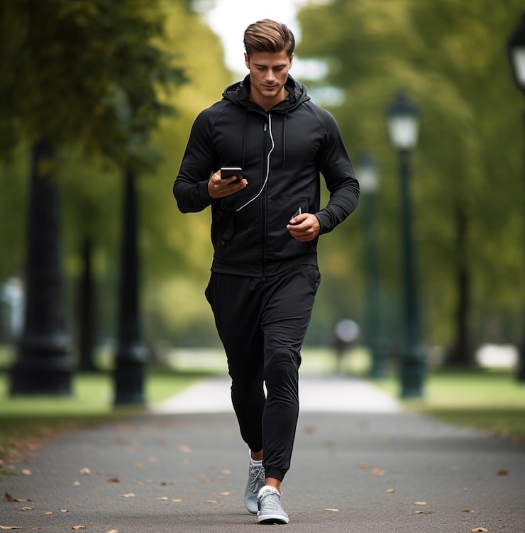 Photo a man running in a park with a cell phone in his hand.