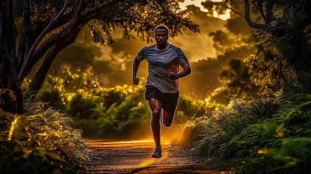 A man running on a path in the forest