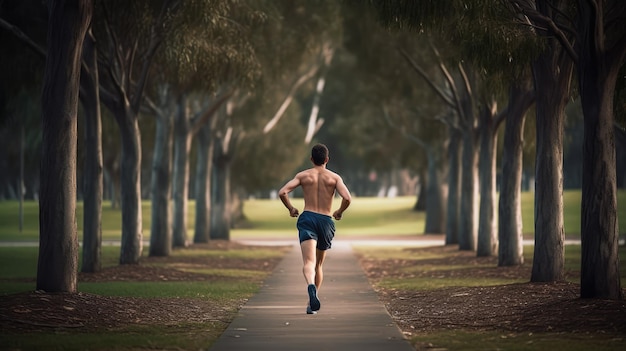 Мужчина бежит по дорожке в парке