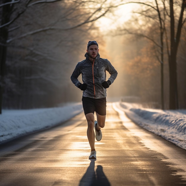 Man running on the road through winter landscape winter light
