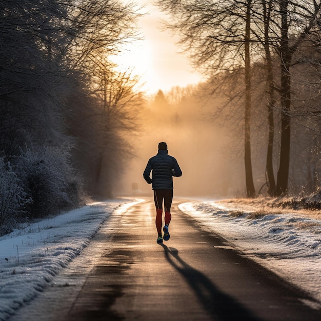 Man running on the road through winter landscape winter light