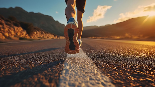 a man running on the road with mountain view sunrise time selective focus on legs generative ai