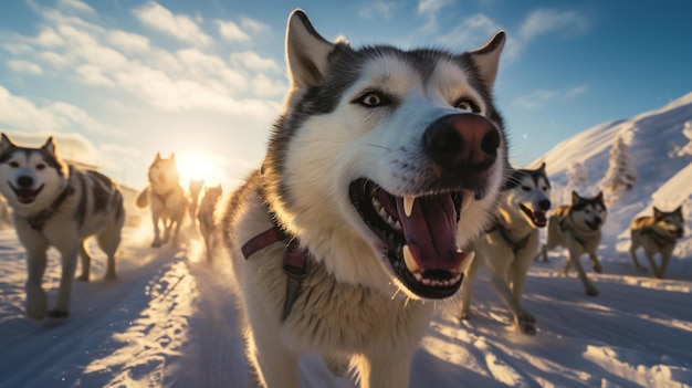 Man running behind a sled in a sled dog race in the snow in winter