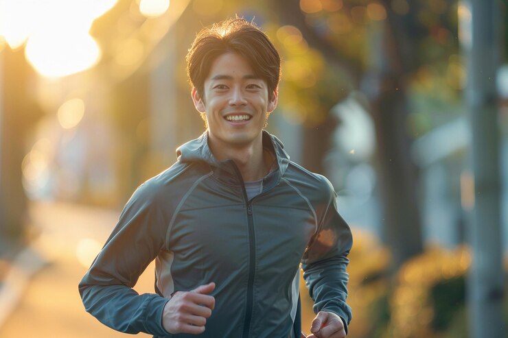 Photo 落ち葉のある木の前で走りながら笑顔で笑顔を浮かべる男性