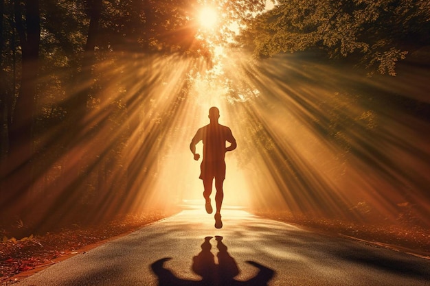 A man running in the sunset with the sun behind him