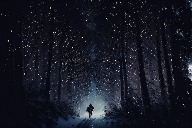 Человек бежит по холодному снежному лесу.