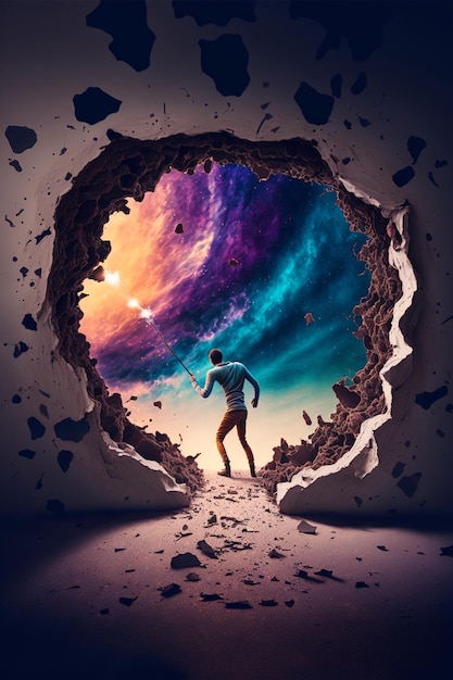 Человек бежит через дыру в стене с красочным небом, генерирующим искусственный интеллект