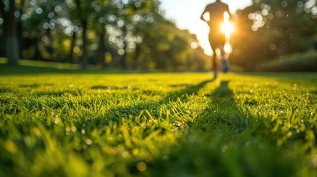 写真 夕暮れ に 公園 を 走っ て いる 人