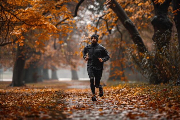 A man running through a park in the fall