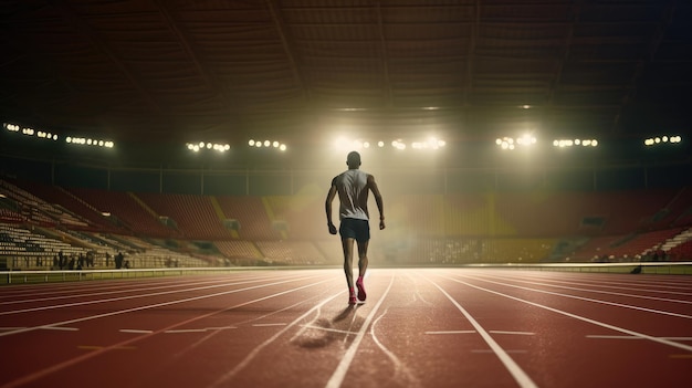 A man running on a track in a stadium with the lights on.