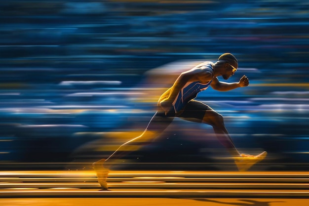 Foto un uomo in corsa su una pista con uno sfondo sfocato