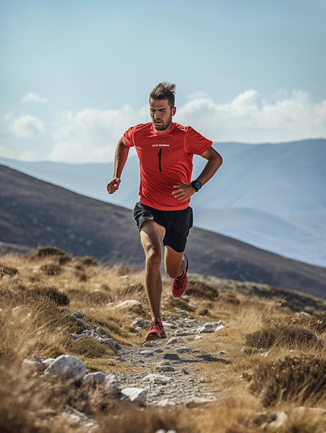 a man running on a trail in the mountains