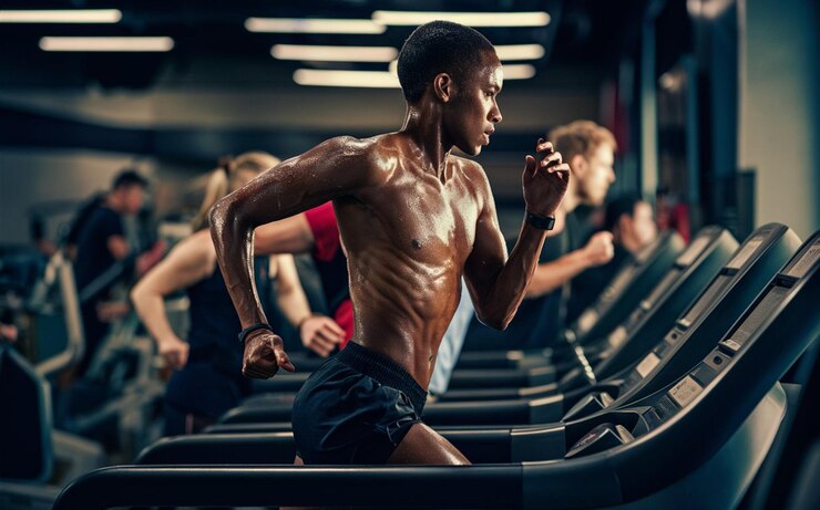 Photo a man running on a treadmill with a woman running on the treadmill