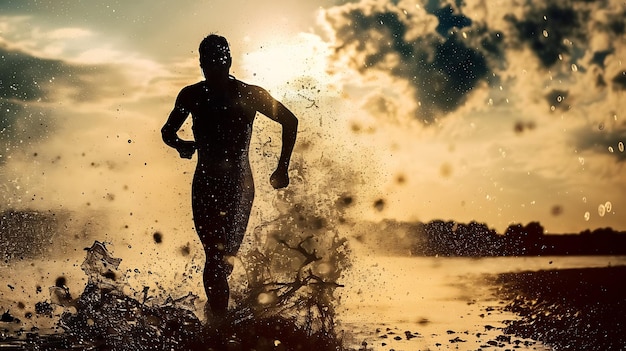 Photo a man running in the water with the sun behind him