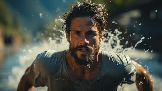 Man running with blue flowing wave