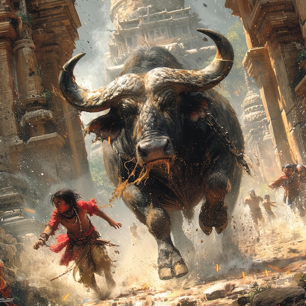 a man running with a bull in a city