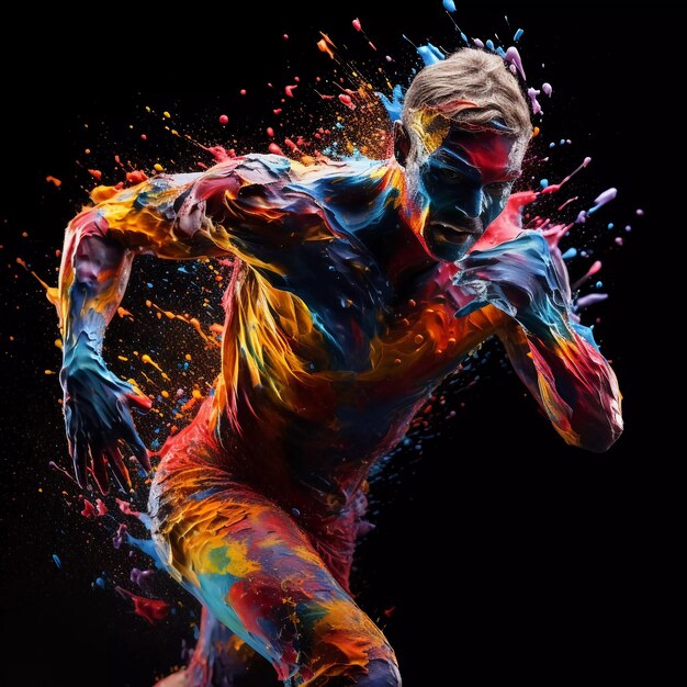 Photo a man running with a colorful splash of paint