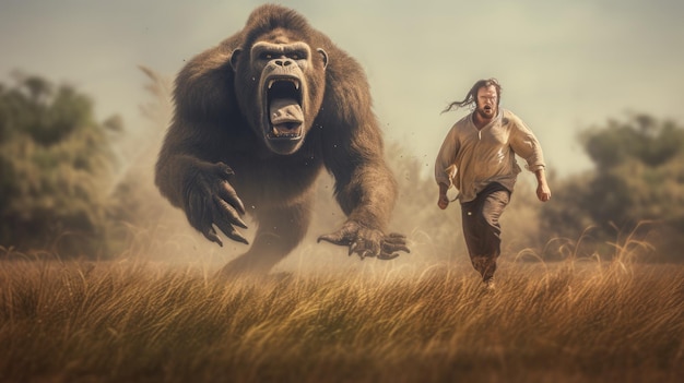 A man running with a gorilla in a field