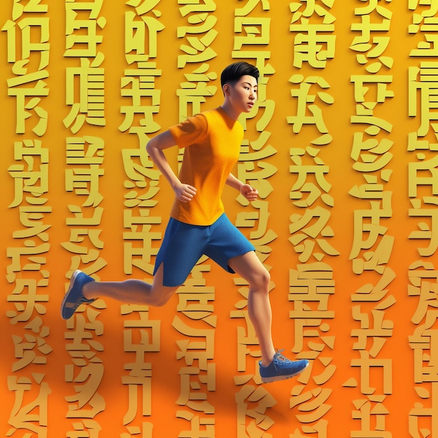 A man running with his arms around his body and the words