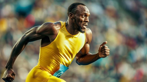 A man running with his hand up in the air