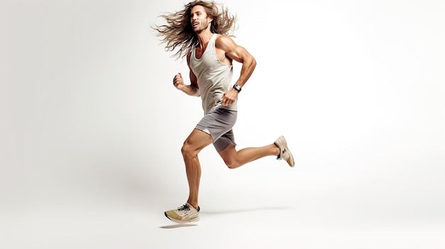 A man running with a white tank top and shorts that say'i'm a man '