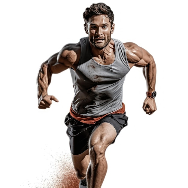 A man running with a white tank top and shorts that says nike on it.