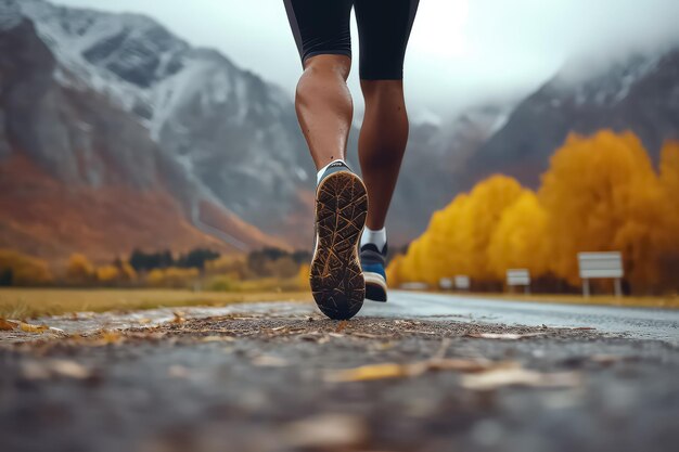 A man runs against the backdrop of the mountains on an autumn morning closeup AI