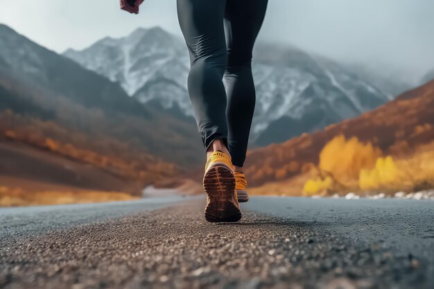 A man runs against the backdrop of the mountains on an autumn morning closeup AI