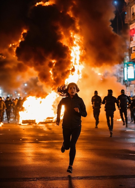 a man runs in front of a burning crowd of police officers