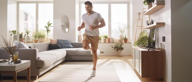 a man runs in a living room with a couch and a window