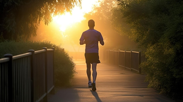 A man runs on a path in the morning