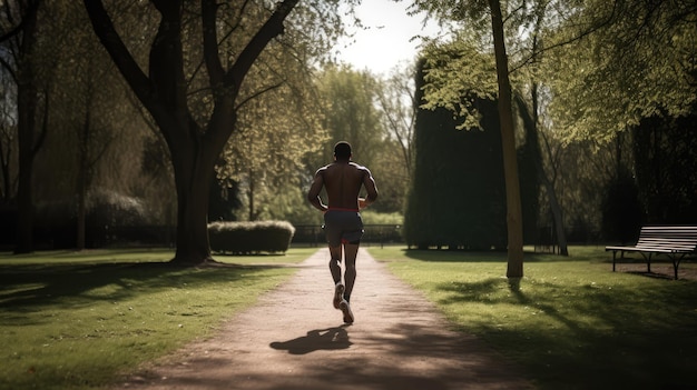 A man runs on a path in a park.