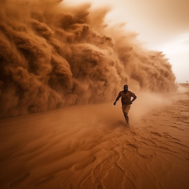 Photo a man runs through a sand storm.