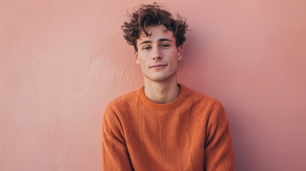 Photo man in a rust sweater against a pale pink wall