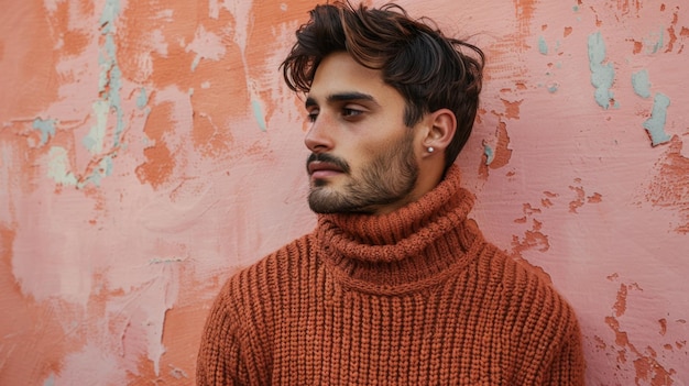 Man in a rust sweater against a pale pink wall