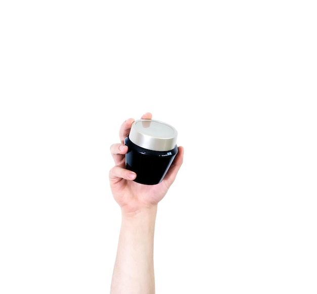 Man's arm raised holding a plastic container isolated on a white background - recycling concept