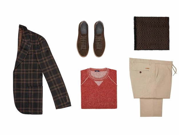 a man's clothing set includes a jacket, trousers, and a jacket.