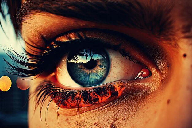 Photo a man's eye with the reflection of a blue eye.