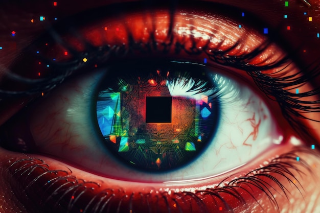 Man s eyes on vivid abstract backdrop with holograms