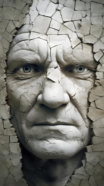 A man's face is covered in a cracked plaster.