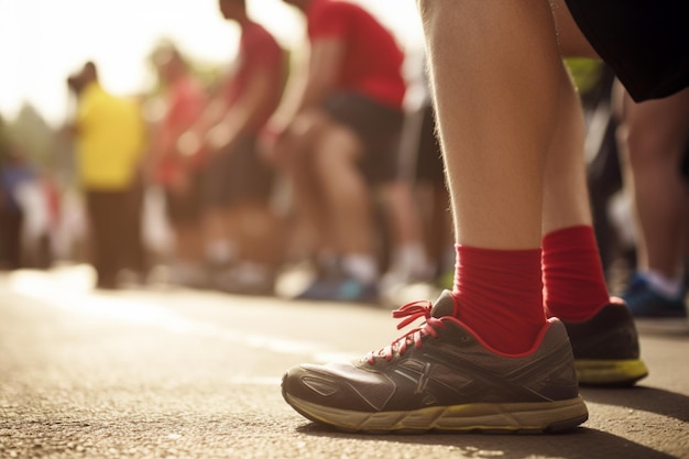 A man's feet in sneakers standing at the starting line of a race representing competition