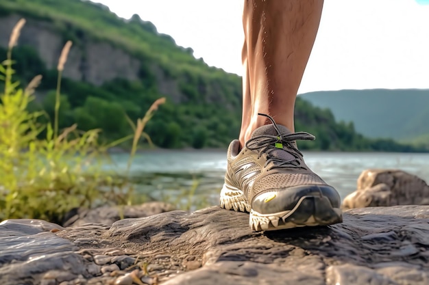 A man's foot is on a rock in front of a river.