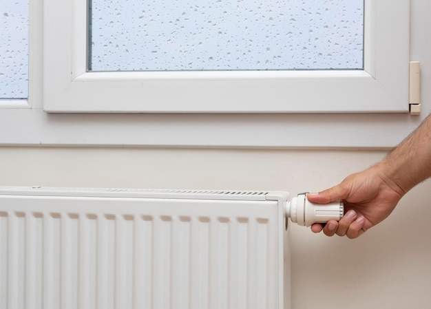 Man's hand adjusting the temperature of a radiator