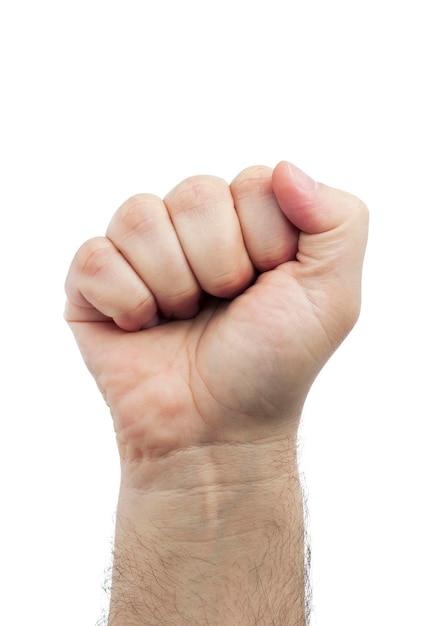 Foto la mano di un uomo stringe un pugno un uomo che protesta che ha alzato il pugno isolato su un bianco