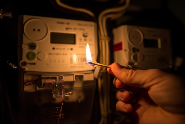 完全な暗闇の中で男の手が家庭用電気メーターを読むために燃えるマッチを持っている停電エネルギー危機または停電の概念図