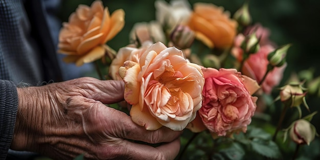 Man's hand growing roses