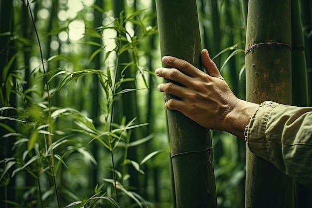 Man's hand holding a bamboo trunk in a bamboo grove